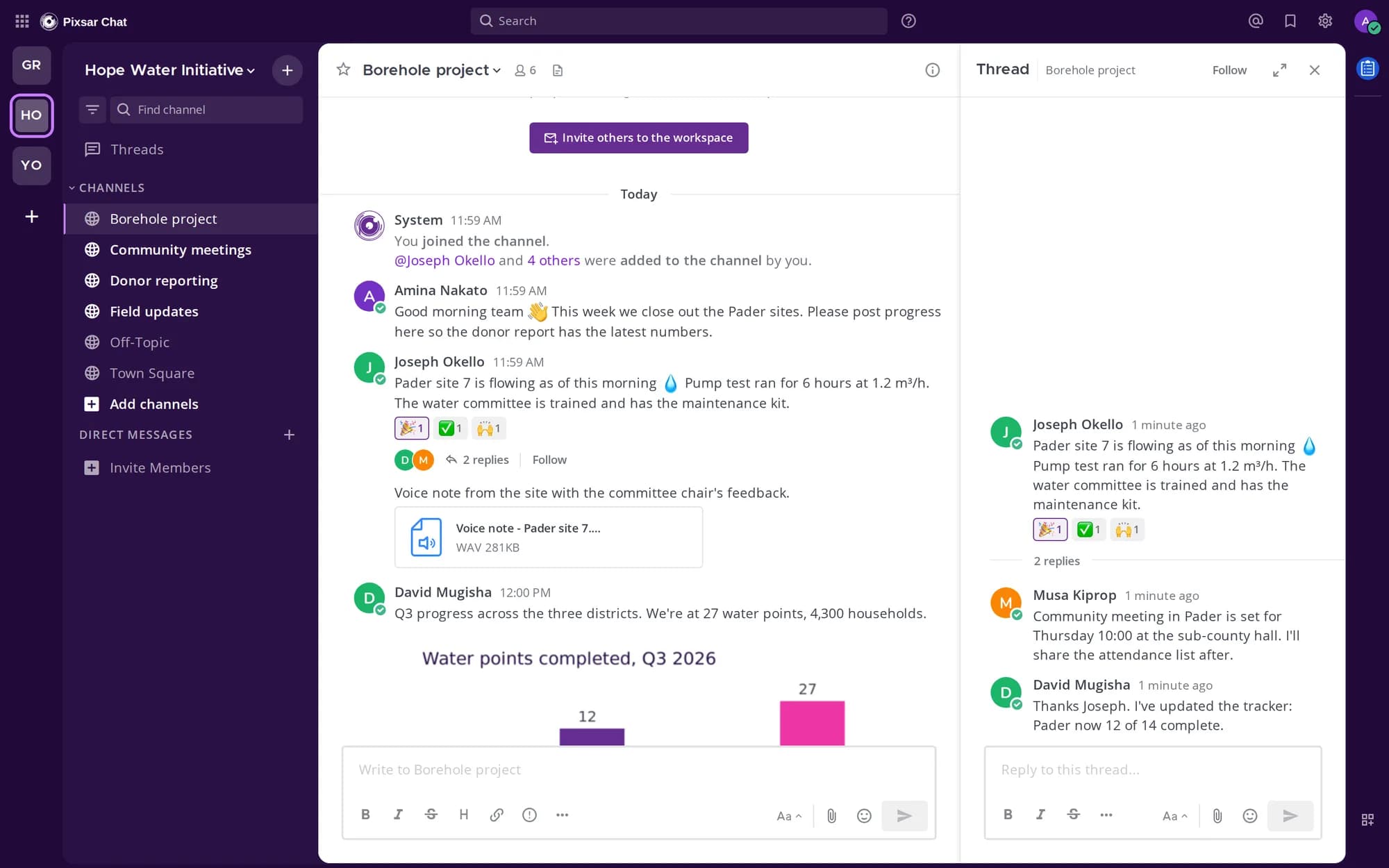 A field update in Pixsar Chat with replies in a thread